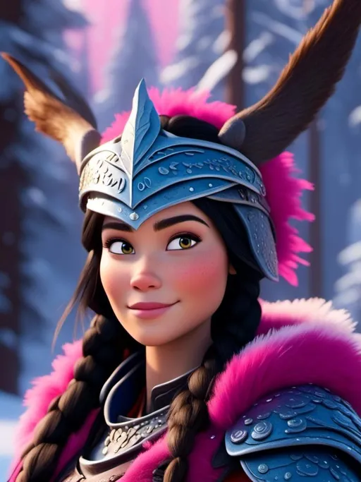 Prompt: <mymodel>CGI Animation, close-up portrait of the face, 20-year-old-old viking woman of royalty standing in the forest, a snowy scene, {{pink gear, blue armor}}, black hair, straight hair with a tiara, subtle smile, unreal engine 8k octane, 3d lighting, close up camera shot on the face, full armor