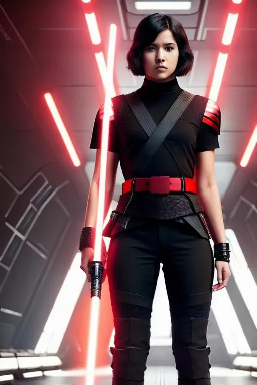 Prompt: Digital Art, A young woman Sith lord standing on an Imperial dreadnaught bridge, with black short-length hair, two lightsabers one red and one light pink, black pants, a subtle smile, a black short sleeve shirt, a black vest past the waist, a black belt, sleek black boots, unreal engine 8k octane, full body, full gear