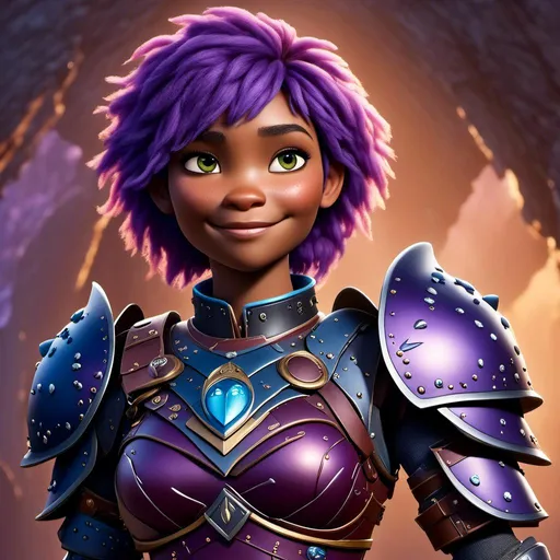 Prompt: a photo of <mymodel>, a {{{caucasian viking female}}} with purple hair and purple gear and armor with bursts of blue textures