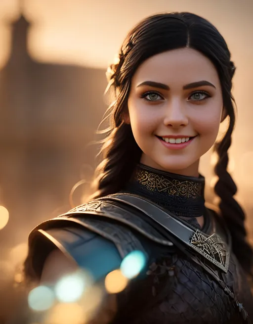 Prompt: she has black hair, create most beautiful fictional female princess viking warrior, hopeful smile, black hair, light blue eyes, extremely detailed environment, detailed background, intricate, detailed skin, professionally color graded, photorealism, 8k, moody lighting