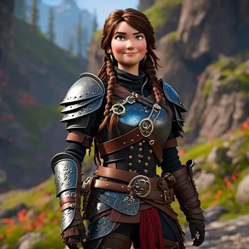 Prompt: <mymodel>CGI Animation, 20-year-old-old pirate woman, brown gear, silver armor, brunette hair, dreadlocks, subtle smile, beads hair, small red earrings, multiple braids, straight hair, blue eyes, bracelets, rings on fingers, mercenary gear, unreal engine 8k octane, 3d lighting, full body, full armor