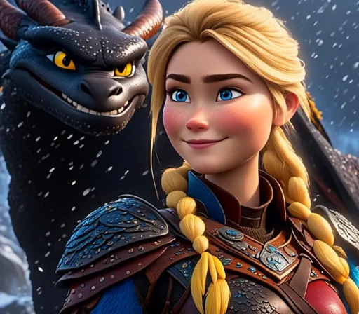 Prompt: <mymodel>CGi Animation, 20-year-old viking woman with blue eyes, a rainy scene, she is standing next to a bright blue dragon with gold highlights, they are both in the rain, the viking woman has a subtle smile, blonde hair in a ponytail style, she has blue gear, gold armor, black pants, black boots, unreal engine 8k octane, 3d lighting, full body, full armor