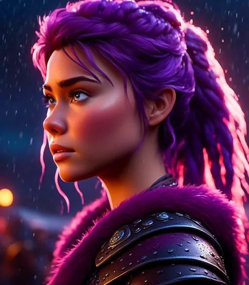 Prompt: <mymodel>CGI Animation, digital art, 20-year-old-old viking woman with light blue eyes, she looks very sad and angry, standing in a battle arena at night in the rain, purple hair with purple strands, single braid down her shoulder with a tiara, unreal engine 8k octane, 3d lighting, close up camera shot on the face, full armor