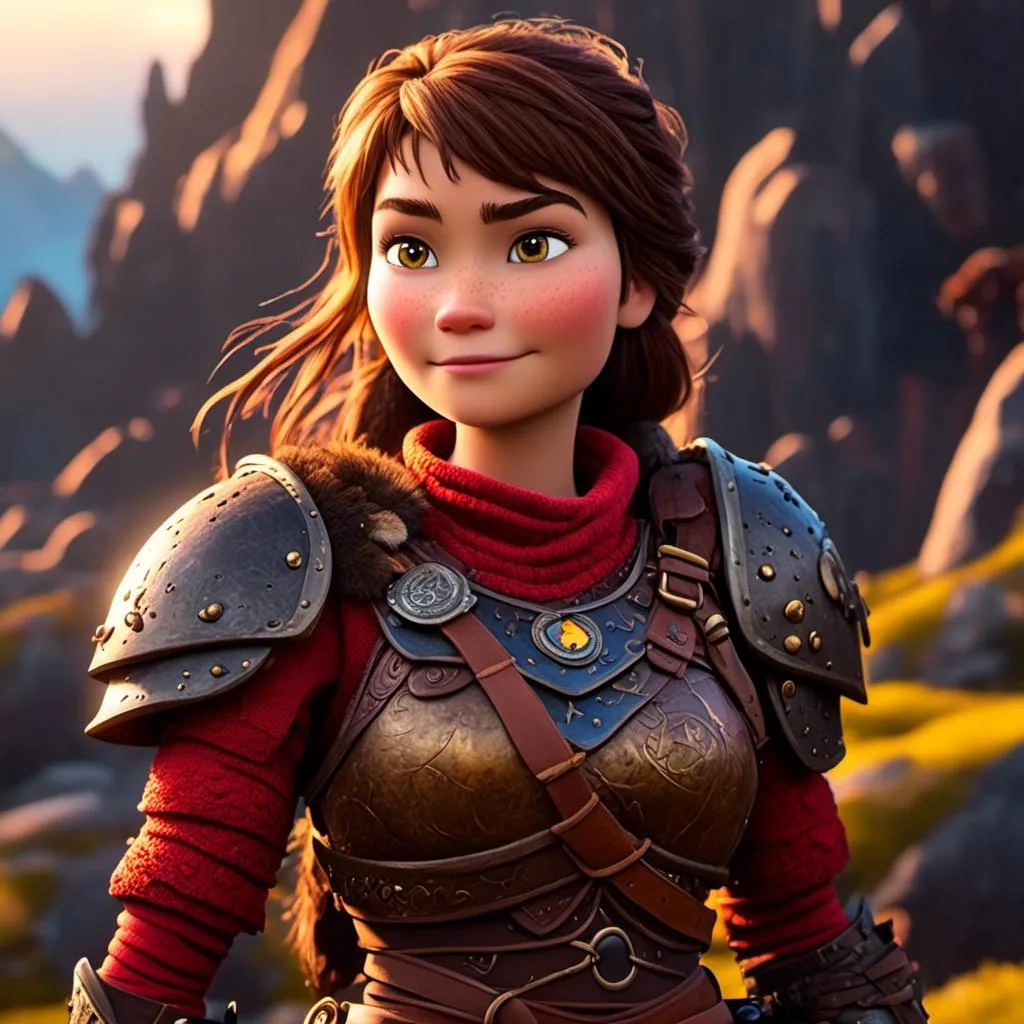 Prompt: <mymodel>CGI Animation of a viking female, brown hair in her face, hazel eyes, bright red gear and armor, yellow highlights and textures, standing in a viking village, intricate details, high quality, digital painting, cool tones, dramatic lighting