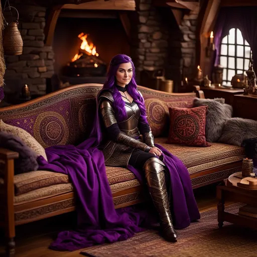 Prompt: Photo of <mymodel> lying on her couch in her viking house