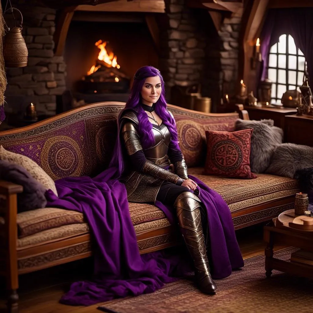 Prompt: Photo of <mymodel> lying on her couch in her viking house