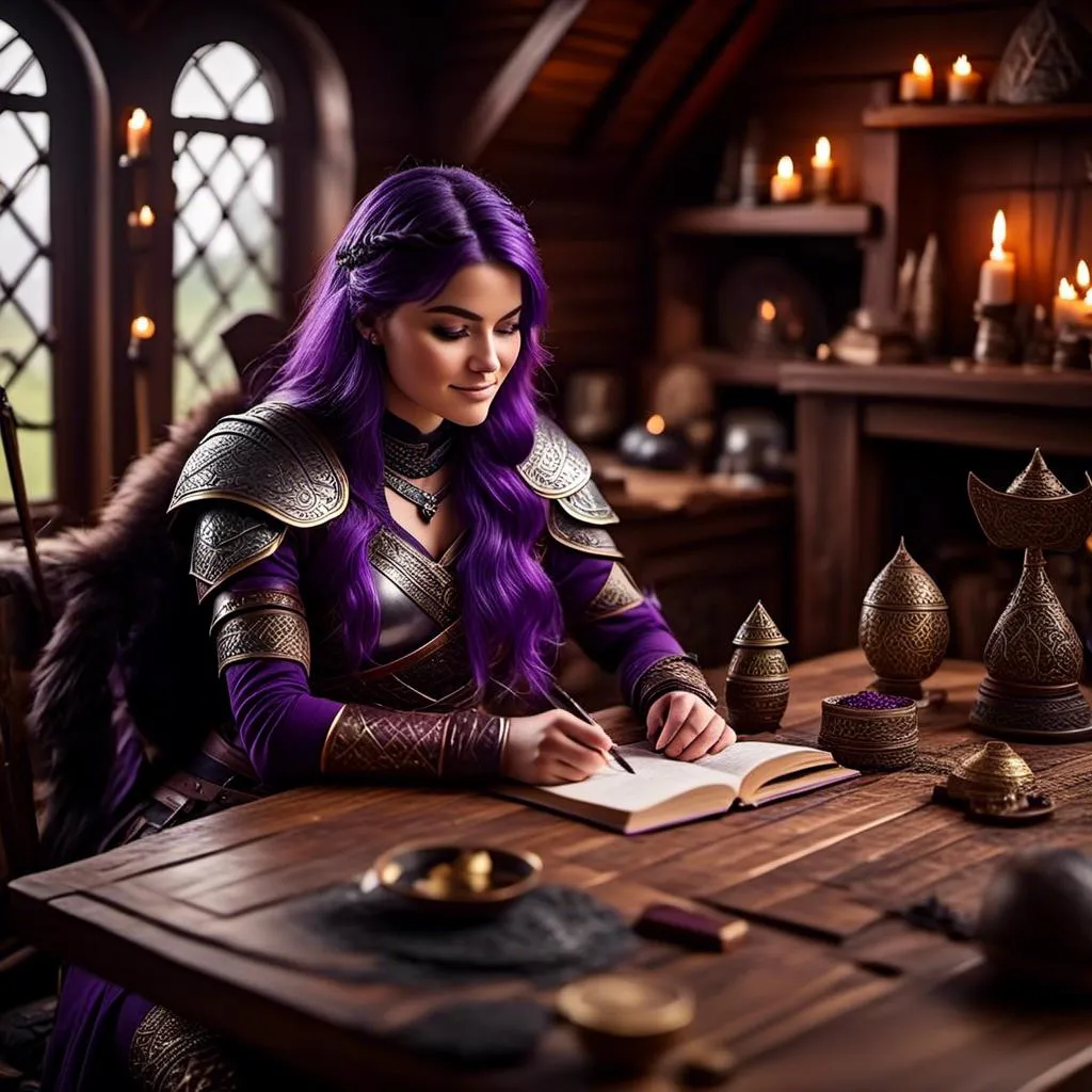 Prompt: Photo of <mymodel> with no armor casually relaxing sitting at a desk in her viking house