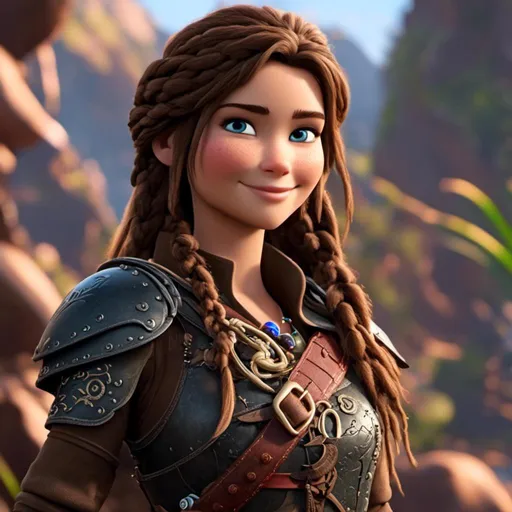 Prompt: <mymodel>CGI Animation, 20-year-old-old pirate woman, head is in rhe shape of an oval, {{brown gear, silver armor}}, brunette hair, dreadlocks, subtle smile, beads hair, small red earrings, multiple braids, straight hair, blue eyes, bracelets, rings on fingers, mercenary gear, unreal engine 8k octane, 3d lighting, full body, full armor