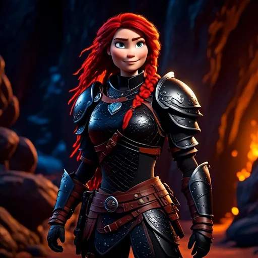 Prompt: <mymodel>CGI animation, 40-year-old woman, red hair, dreadlocks, braids, light blue eyes, black gear, black armor, standing in a shadowy cave, cinematic lighting