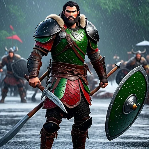 Prompt: <mymodel>Animated CGI style of a fierce Viking male about 25 years old, black hair, detailed facial features, leather armor {{((red))}} and green armor, battle axe and shield, standing in the rain, intense and determined expression, dynamic and powerful pose, high definition, CGI, detailed armor, fierce female, Nordic designs, battle-ready, dynamic pose, professional lighting