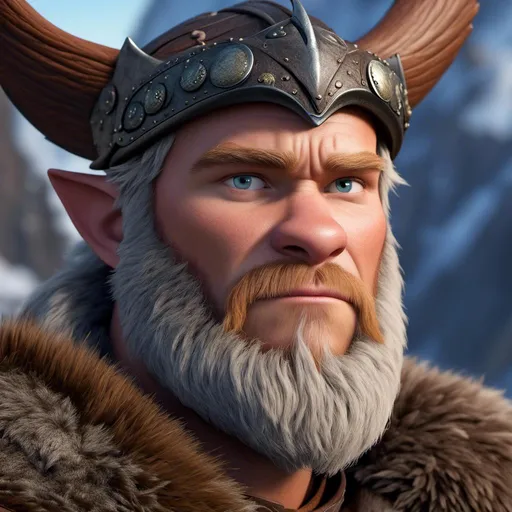 Prompt: <mymodel>Animated CGI style of a fierce Caucasian Viking, intense gaze, realistic fur and clothing textures, high quality, CGI, realistic, intense gaze, viking, male, Caucasian, detailed facial features, fur textures, highres, professional, intense lighting