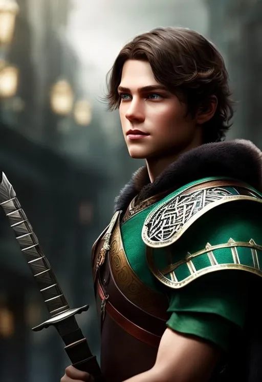 Prompt: he has short brown hair, slight smile, create most handsome fictional male prince viking warrior, short brown hair, light green eyes, extremely detailed environment, detailed background, intricate, detailed skin, professionally color graded, photorealism, 16k, moody lighting