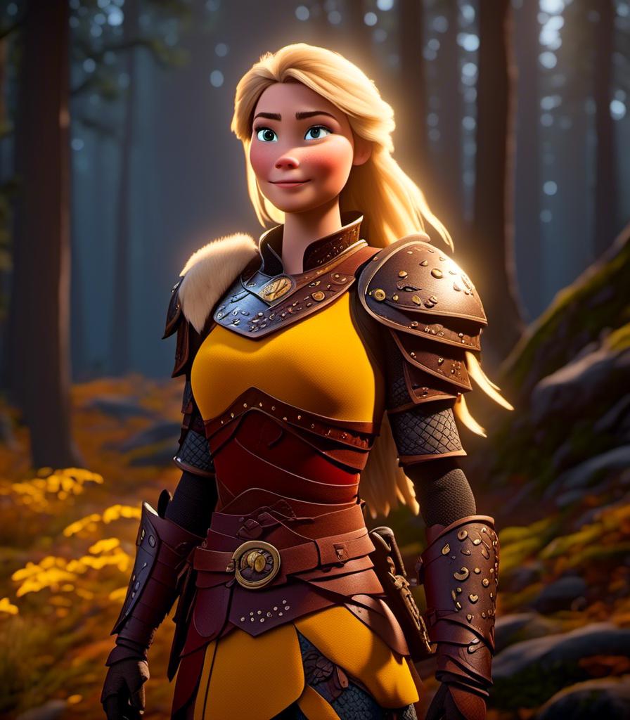 Prompt: <mymodel>CGI Animation, digital art, 20-year-old-old viking woman with light blue eyes standing in a dimly lit forest, yellow clothes, gold colored armor, blonde straight hair, subtle smile, unreal engine 8k octane, 3d lighting, full armor