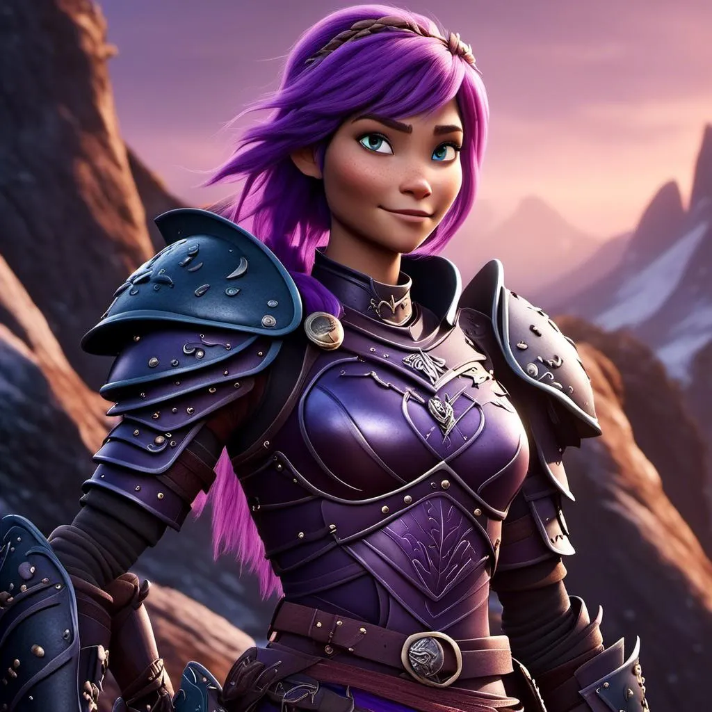 Prompt: <mymodel>CGI Animation of a viking female, purple hair, purple and black gear and armor, intricate details, high quality, digital painting, cool tones, dramatic lighting