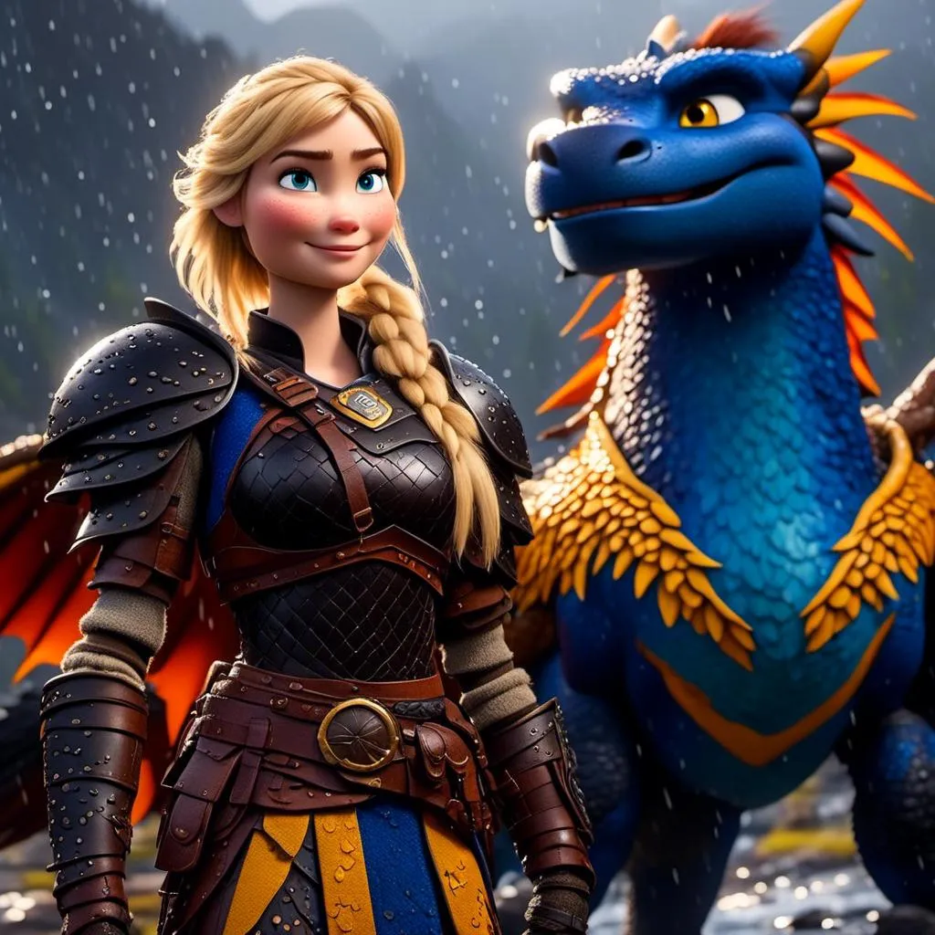 Prompt: <mymodel>CGi Animation, 20-year-old viking woman with blue eyes, a rainy scene, she is standing next to a bright blue dragon with gold highlights, they are both in the rain, the viking woman has a subtle smile, blonde hair in a ponytail style, she has blue gear, gold armor, black pants, black boots, unreal engine 8k octane, 3d lighting, full body, full armor