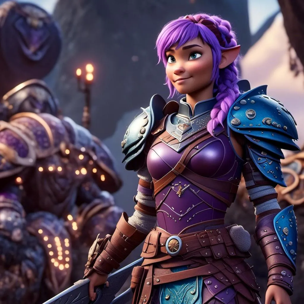 Prompt: <mymodel>CGI Animation of a caucasian viking female, purple hair, blue and purple gear and armor, intricate details, high quality, digital painting, cool tones, dramatic lighting