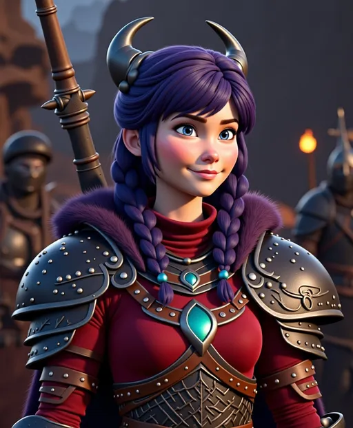 Prompt: <mymodel>CGI Animation, digital art, 20-year-old-old viking woman with violet eyes, Dark red Long sleeve shirt, skirt with dragon teeth on it, wears the snow wraith hood, ((dark dark blue hair with teal, pink and purple streaks)), fighting against another viking warrior in a sword battle with Annabeth who has purple hair with black and gold armor in the training ring, subtle smile, unreal engine 8k octane, 3d lighting, close up camera shot on the face, full armor