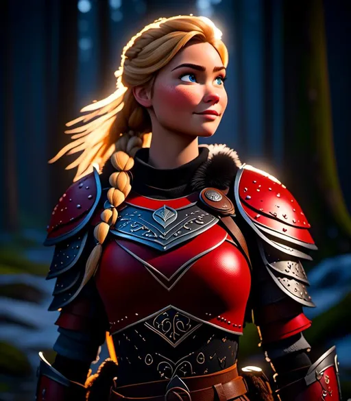 Prompt: <mymodel>CGI Animation, digital art, 20-year-old-old viking woman with light blue eyes standing in a dimly lit forest, blue assassin's creed clothes, red colored armor, blonde straight hair, subtle smile, unreal engine 8k octane, 3d lighting, cinematic lighting, camera shot of full armor from head to toe