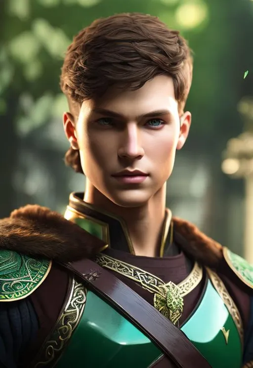 Prompt: he has short brown hair, create most handsome fit fictional male prince viking warrior, short brown hair, light green eyes, extremely detailed environment, detailed background, intricate, detailed skin, professionally color graded, photorealism, 16k, moody lighting
