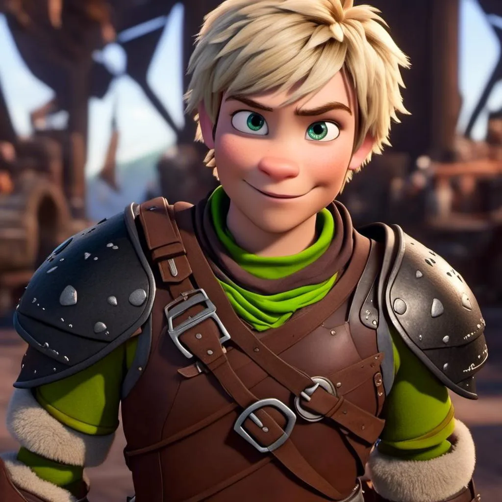 Prompt: <mymodel>CGI Animation, sinister viking boy, 18-year-old, chaotic evil, blonde short messy hair, no facial hair, neon green bandana scarf, dark brown, dark brown long-sleeve shirt, pants, leather armor, two daggers, dozen throwing knives