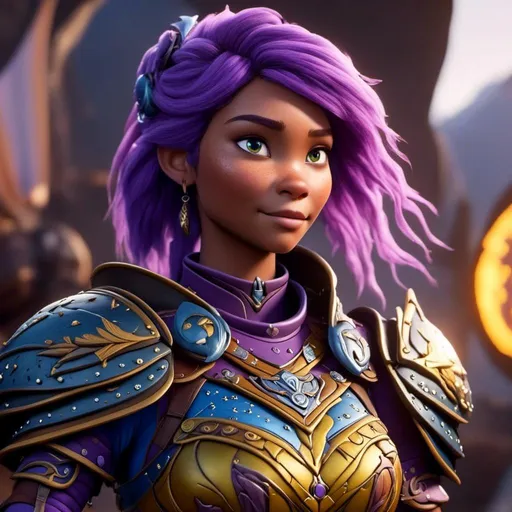 Prompt: <mymodel>CGI Animation of a viking female, purple hair, blue and yellow gear and armor, intricate details, high quality, digital painting, cool tones, dramatic lighting