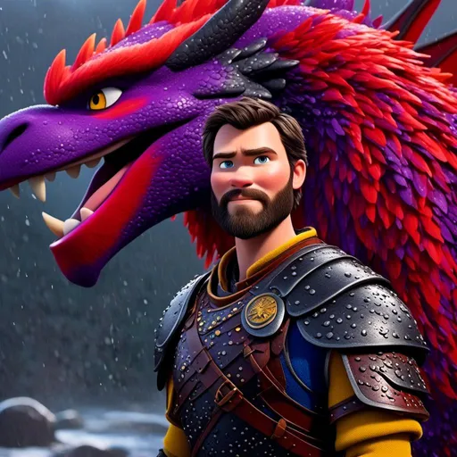 Prompt: <mymodel>CGi Animation, 20-year-old viking man with blue eyes, a rainy scene, the viking man has a subtle smile, black hair, he has red gear, yellow armor with bursts of purple splotches, black pants, black boots, he is standing next to a bright red dragon with purple highlights, they are both in the rain