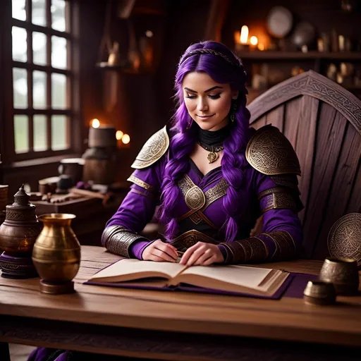 Prompt: Photo of <mymodel> casually relaxing sitting at a desk in her viking house