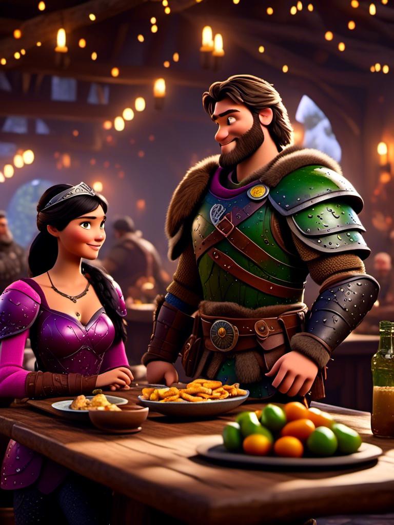 Prompt: <mymodel>CGI Animation, digital art, 20-year-old-old viking woman of royalty standing a busy tavern having a meal with her husband Jarl, {{the woman has pink gear, purple armor}}, black hair, straight hair with a tiara, subtle smile, Jarl has green armor and brown gear, unreal engine 8k octane, 3d lighting, close up camera shot on the face, full armor