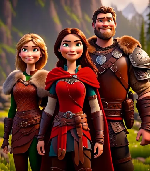 Prompt: <mymodel>CGI Animation, digital art, 20-year-old-old viking woman with light blue eyes standing with her older brother and younger sister, older brother has brown hair and green eyes, her younger sister has brunette hair and brown eyes, the viking woman has red clothes, blue colored armor, blonde straight hair, subtle smile, unreal engine 8k octane, 3d lighting, full armor