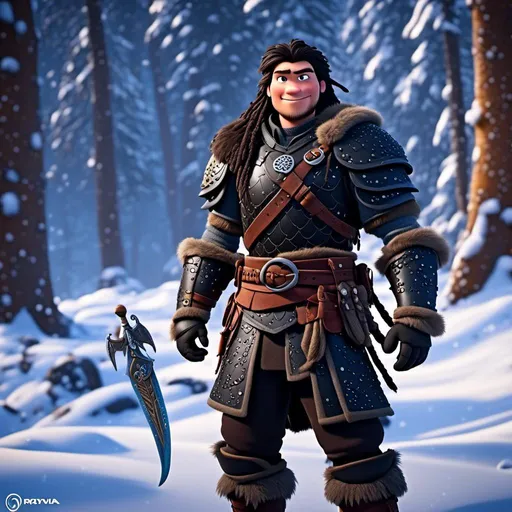 Prompt: <mymodel>CGI Animation, 20-year-old pirate man, a snowy scene, {{black gear, black  armor}}, black hair, dreadlocks, subtle smile, beads hair, multiple braids, straight hair, blue eyes, bracelets, rings on fingers, mercenary gear, unreal engine 8k octane, 3d lighting, full body, full armor