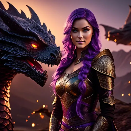 Prompt: Photo of <mymodel> standing next to her black Razorwhip dragon, high-res, detailed, realistic, fantasy, vibrant colors, epic fantasy, dragon scales, detailed character, dynamic pose, mythological creature, majestic, colorful lighting, professional digital art, fantasy landscape