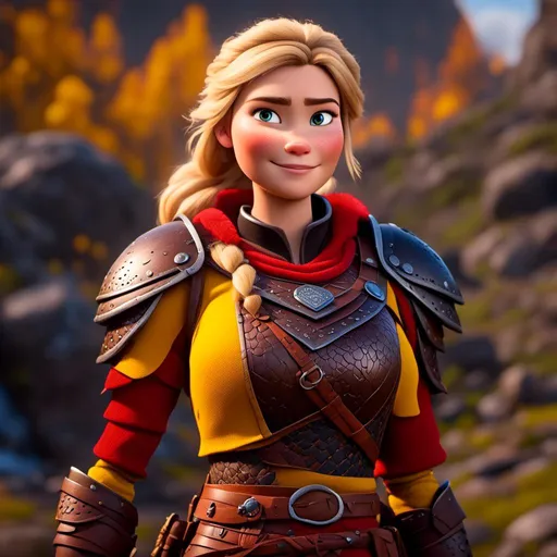 Prompt: <mymodel>CGi Animation, 20-year-old viking woman with one hair braid, subtle smile, blonde hair, blue eyes, blue gear, yellow armor, red clothes, yellow textures and highlights, unreal engine 8k octane, 3d lighting, full body, full armor