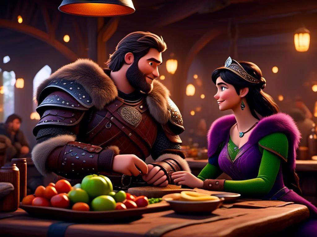 Prompt: <mymodel>CGI Animation, digital art, 20-year-old-old viking woman of royalty standing a busy tavern having a meal with her husband Jarl, {{the woman has purple armor}}, black hair, straight hair with a tiara, subtle smile, Jarl has green armor and brown gear, unreal engine 8k octane, 3d lighting, close up camera shot on the face, full armor