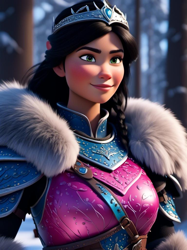 Prompt: <mymodel>CGI Animation, digital art, 20-year-old-old viking woman of royalty standing in the forest, a snowy scene, {{pink gear, blue armor}}, black hair, straight hair with a tiara, subtle smile, unreal engine 8k octane, 3d lighting, close up camera shot on the face, full armor