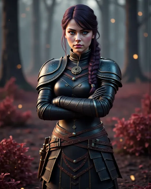 Prompt: <mymodel>25-year-old viking woman, arms crossed, standing in the dimly lit forest with red-leaved weeds, messy and dirty hair, single braid of hair down her shoulder, she has a mad expression, light blue eyes, dirty armor, black gear, bright black armor, black textures and highlights, with glowing lights, short focus, blurry background, unreal engine 8k octane, 3d lighting, full body, full armor