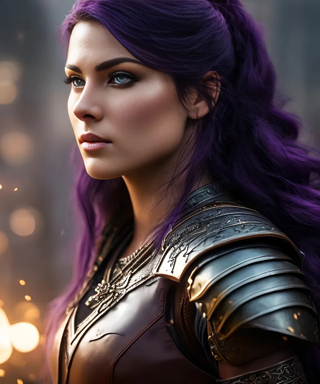 Prompt: she has dark purple hair, create most beautiful fictional female viking warrior, dark purple hair, light blue eyes, brown leather battle gear, extremely detailed environment, detailed background, intricate, detailed skin, professionally color graded, photorealism, 8k, moody lighting