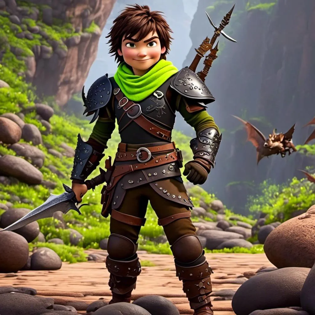 Prompt: <mymodel> CGI Animation, sinister viking boy, 18-year-old, chaotic evil, black short messy hair, no facial hair, neon green bandana, dark brown, dark brown long-sleeve shirt, pants, leather armor, two daggers, dozen throwing knives