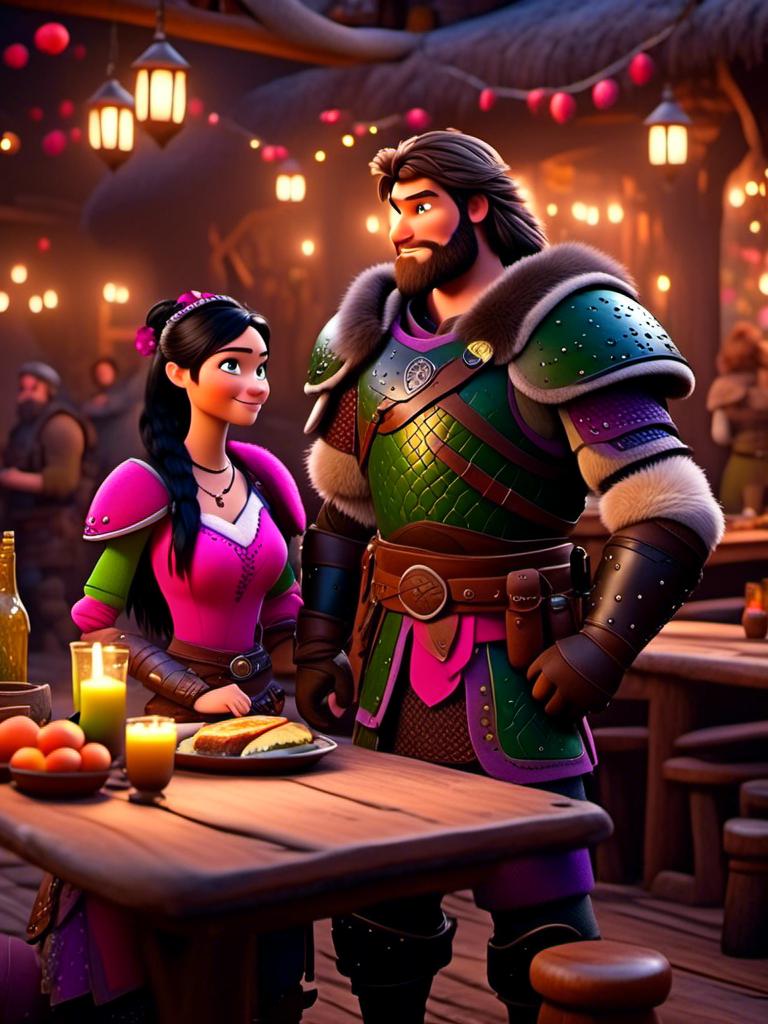 Prompt: <mymodel>CGI Animation, digital art, 20-year-old-old viking woman of royalty standing a busy tavern having a meal with her husband Jarl, {{the woman has pink gear, purple armor}}, black hair, straight hair with a tiara, subtle smile, Jarl has green armor and brown gear, unreal engine 8k octane, 3d lighting, close up camera shot on the face, full armor