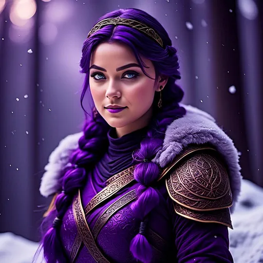 Prompt: A photo of <mymodel> with a heavy purple fur tunic in the snow, she has a single hair braid down her shoulder