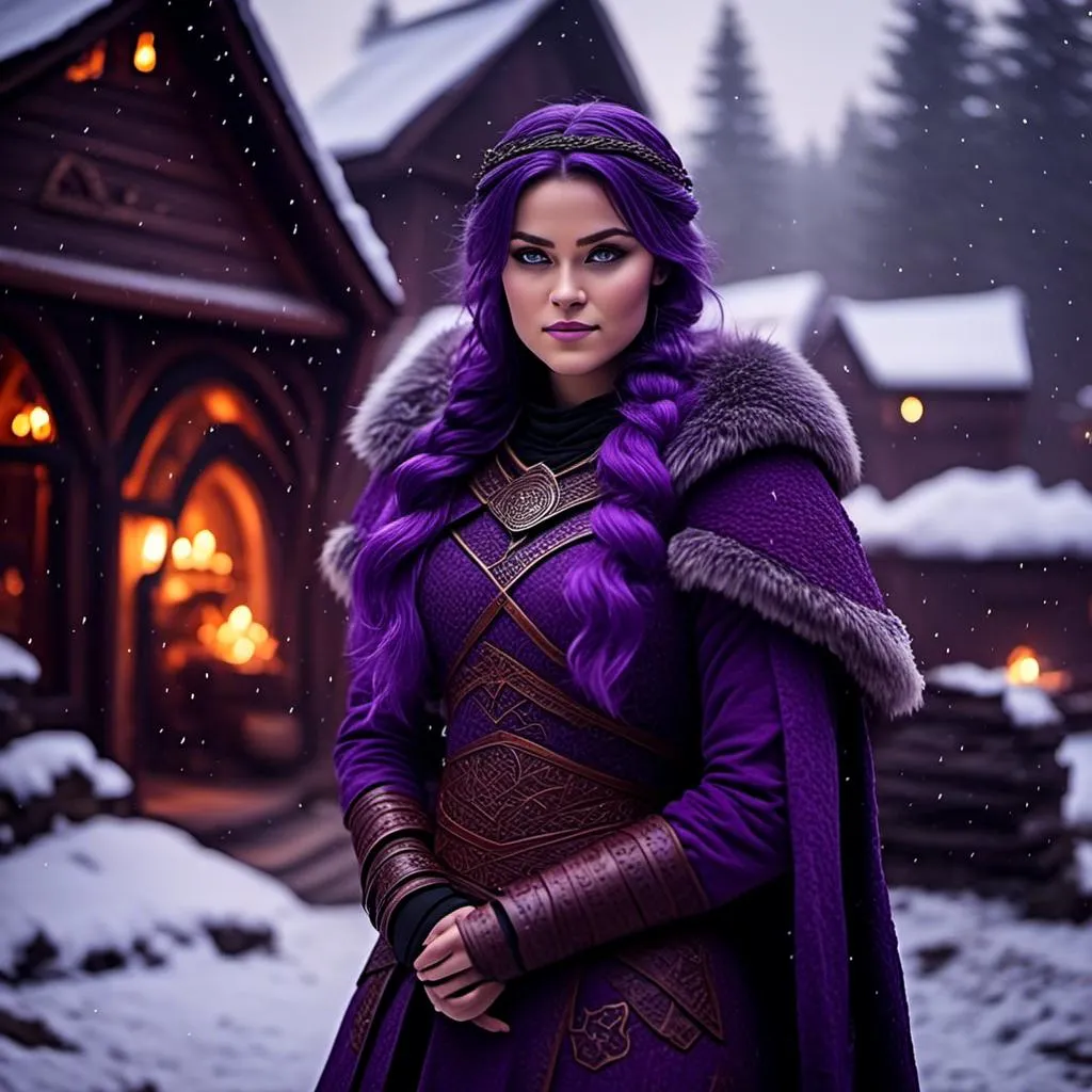 Prompt: Photo of <mymodel> with a heavy purple fur coat with a hood with a fur edge, she is in a viking village standing as snow falls