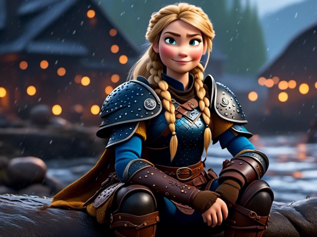 Prompt: <mymodel>CGi Animation, 20-year-old viking woman with blue eyes, a rainy scene, she is sitting in the rain, the viking woman has a subtle smile, blonde hair in a ponytail style, she has blue gear, gold armor, black pants, black boots