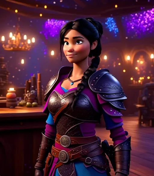 Prompt: <mymodel>CGI Animation, digital art, 20-year-old-old viking woman with light blue eyes, she is standing in her library, she is of royalty, {{black gear, purple armor}}, black hair with purple strands, single braid down her shoulder with a tiara, subtle smile, unreal engine 8k octane, 3d lighting, close up camera shot on the face, full armor