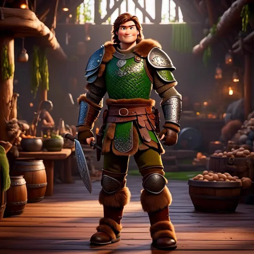 Prompt: <mymodel>Male viking warrior, standing in viking house, brown semi-wavy hair, green eyes, green armor, brown gear, brown pants, brown boots, historical, strong and natural lighting