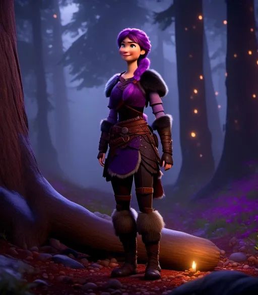 Prompt: <mymodel>CGI Animation, digital art, 20-year-old-old viking woman of royalty standing at night next to a tree with her hands resting on the bark, she is in a dimly lit thick forest with trees everywhere, dense fog, light blue eyes, {{black gear, purple armor}}, purple hair, single braid down her shoulder with a tiara, subtle smile, unreal engine 8k octane, 3d lighting, close up camera shot on the face, full armor