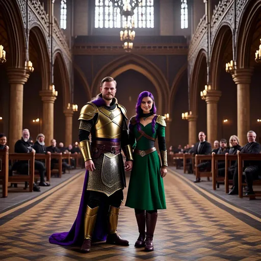 Prompt: Photo of <mymodel> standing in The Great Hall with her husband Jarl Everson who is 24-years old who has brown (((short))) wavy hair and green gear