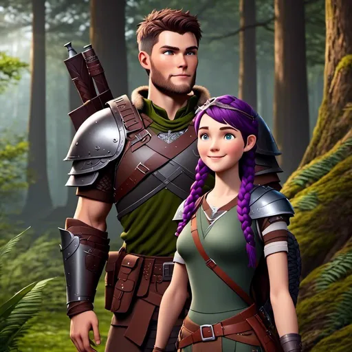 Prompt: <mymodel>Photo of  standing in the forest with his wife Annabeth  who is slightly shorter and has purple hair with a single hair braid down her shoulder