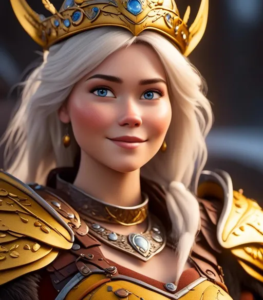 Prompt: <mymodel>CGI Animation, digital art, 20-year-old-old viking woman with light blue eyes, yellow clothes, gold colored armor, white hair, straight hair with a tiara, subtle smile, unreal engine 8k octane, 3d lighting, close up camera shot on the face, full armor