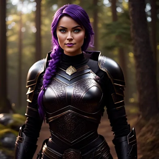 Prompt: <mymodel>25-year-old viking woman, subtle smile, light blue eyes, black gear, bright black armor, wearing an iron-man like suit of armor, black textures and highlights, standing in the forest, short focus, blurry background, unreal engine 8k octane, 3d lighting, full body, full armor