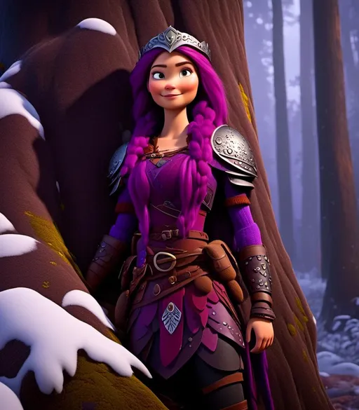 Prompt: <mymodel>CGI Animation, digital art, 20-year-old-old viking woman of royalty standing next to a tree with her hands resting on the bark, she is in a dimly lit thick forest with trees everywhere, dense fog, light blue eyes, {{black gear, purple armor}}, purple hair, single braid down her shoulder with a tiara, subtle smile, unreal engine 8k octane, 3d lighting, close up camera shot on the face, full armor