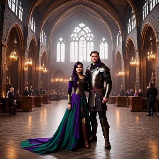 Prompt: Photo of <mymodel> standing in The Great Hall from How to Train Your Dragon with her husband Jarl Everson who is 24-years old who has brown (((short))) wavy hair